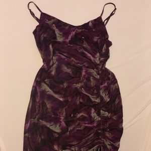 Ruched galaxy print mini dress